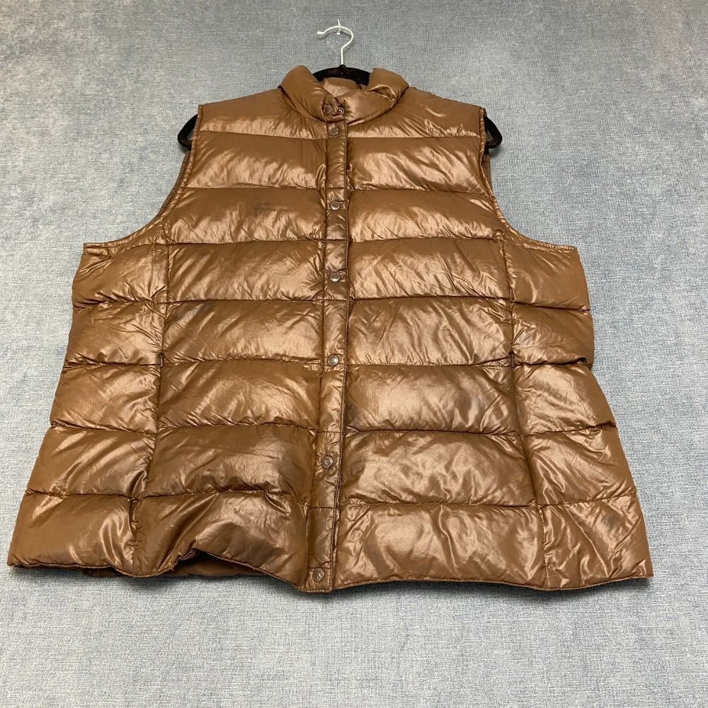 Lands' End Puffer Vest Mens 1X Brown Lined Snap Front Mock Neck Winter Cozy